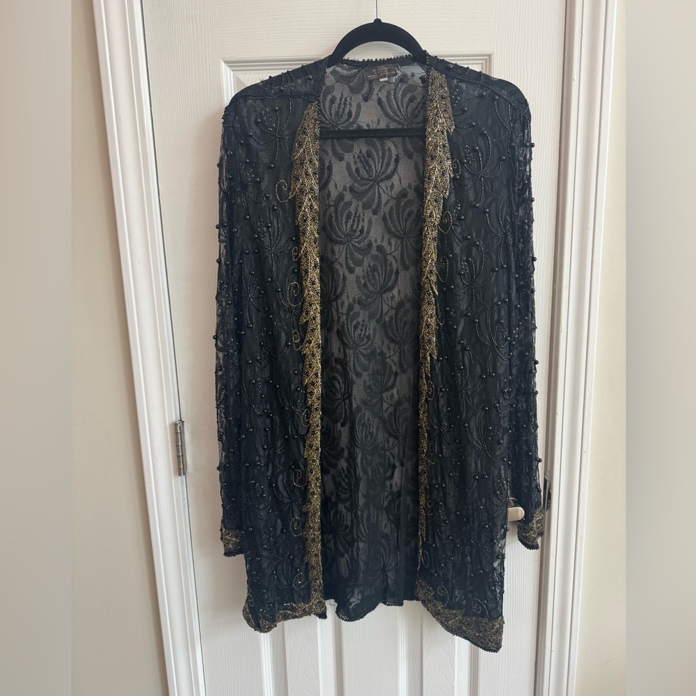 Vintage Black Lace Beaded Sheer Jacket Gold Trim